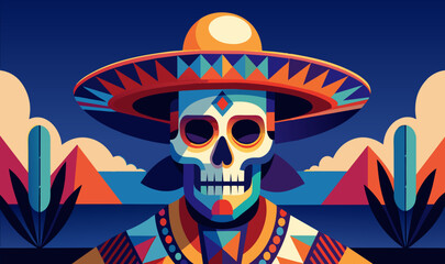 Mexican poster with sugar skull and sombrero for festival dia de los muertos. Mexico background, festive backdrop. Vector artwork of skull wearing a sombrero in a traditional day of the dead style