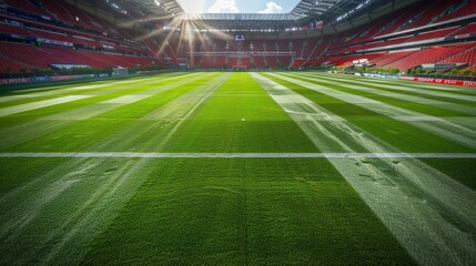 Soccer Stadium With Green Field and Red Seats