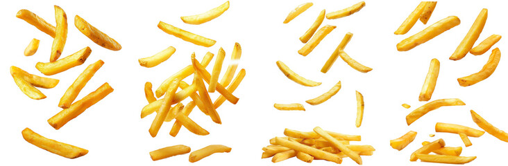 Set of Falling french fries, potato fry isolated on white background, clipping path - obrazy, fototapety, plakaty