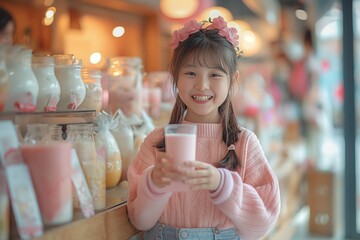 Petite fille asiatique avec un verre de milkshake, boisson dans les mains dans une boutique. Little Asian girl with a glass of milkshake, drink in hand, in a boutique.