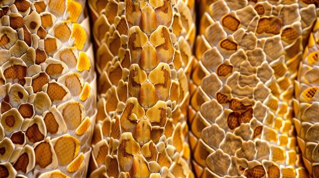 Seamless pattern of close-up of black and yellow snake skin ornaments, detailed and textured.