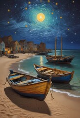 Impressionism, a charming view on the banks of the lake with a group of beautiful boats on a dreamy moonlit night