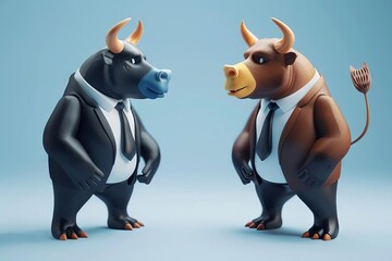 Stock market bulls and bears in business attire, market trend conceptual standoff, financial 3D characters illustration