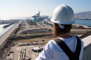 person in hard hat surveying port expansion area