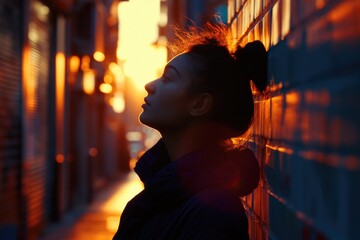Jeune femme dans une rue qui fait une pause adossée contre un mur. Young woman on a street taking a break leaning against a wall.