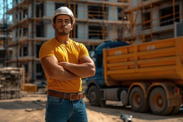 Homme travailleur musclé, ouvrier sur un chantier avec un immeuble en construction. Muscular, hard-working man on a building site.