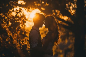 Couple face à face en silhouette au coucher de soleil. Couple face to face in silhouette at sunset. - obrazy, fototapety, plakaty