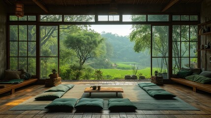 Maison asiatique zen avec une vue magnifique sur la nature. Asian zen house with a magnificent view of nature. - obrazy, fototapety, plakaty
