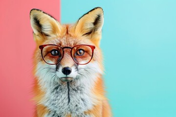 Stylish Fox Portrait with Glasses on Colorful Background, Creative Animal Concept