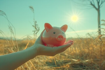 Tirelire cochon dans une main sous un bon soleil extérieur. Piggy bank in one hand under a nice outdoor sun. - obrazy, fototapety, plakaty