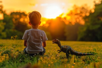 kid with toy dinosaur watching sunset from a park - obrazy, fototapety, plakaty