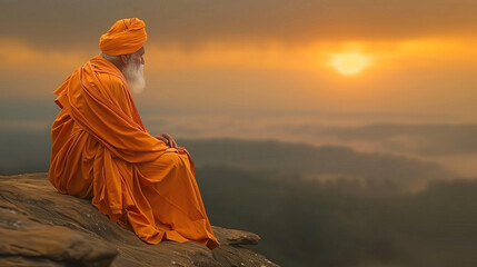 A guru perched atop a cliff, silhouetted against a vibrant sunset, embodying stillness and contemplation in the midst of natural beauty - obrazy, fototapety, plakaty