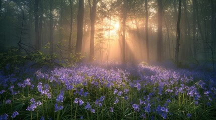 Sunlight filtering through trees in foggy forest with purple flowers