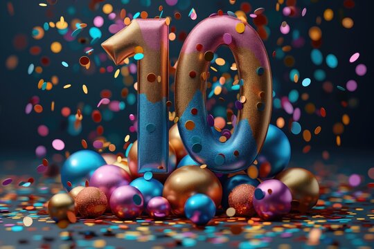 10 ans - fond d'&eacute;cran d'anniversaire color&eacute; avec d&eacute;coration festive. 10 years - colorful birthday wallpaper with festive decoration.