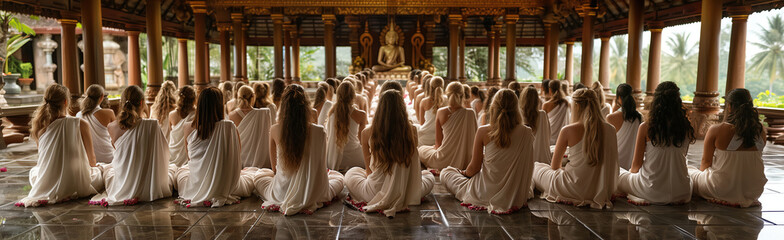A mesmerizing scene unfolds as a group of women in flowing white dresses stand serenely in a room, surrounding a spiritual guru. Their presence exudes peace and tranquility