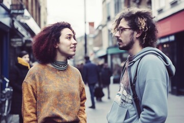 Two non-binary persons talking on the street, candid photo. Concept of diversity. - obrazy, fototapety, plakaty