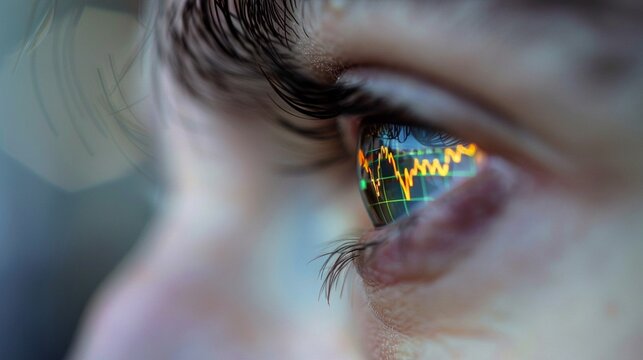 Intimate focus on a traders eye reflecting a graph of the stock market crash, the personal toll of financial chaos