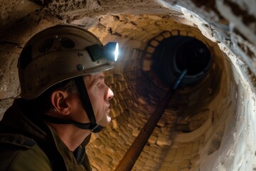 explorer in helmet with headlamp looking into a castle well - obrazy, fototapety, plakaty