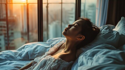 Simple lifestyle, Asian woman wakes up from good sleep on weekend morning, takes some rest, relax in comfortable bedroom at hotel window, happy lazy day, comfortable, dreaming