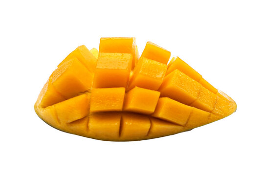 Fresh juicy mango, isolated on white background, tropical fruit slice, Thai mango