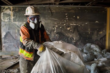 construction worker with respirator bagging asbestos waste