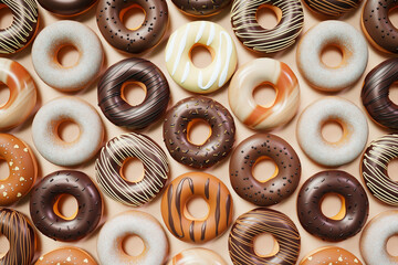 Delectable Assortment of Gourmet Donuts on a Pristine Cream-Colored Surface