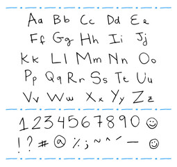 Alphabet, from a to z, hand-drawn with a marker pen, felt-tip pen, in vector, isolated on a white background, upper and lower case letters, with numbers and symbols. Complete set, entire font.