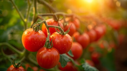 A cluster of plum tomatoes grow on a vine, a staple food in gardens - obrazy, fototapety, plakaty