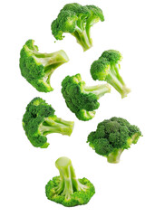 Falling broccoli, isolated on white background, clipping path, full depth of field.