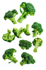 Falling broccoli, isolated on white background, clipping path, full depth of field.
