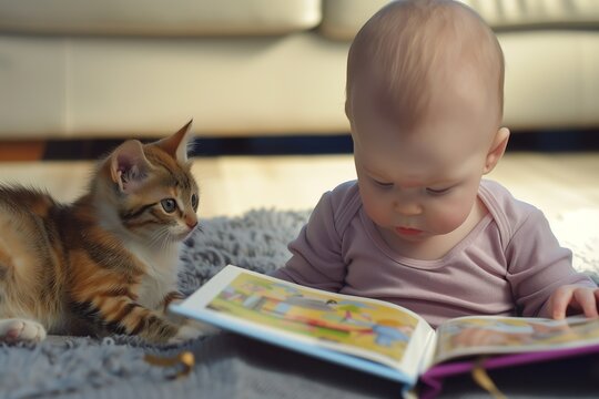 baby reading a picture book to an attentive kitten