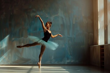 solo ballerina practicing pirouettes in studio