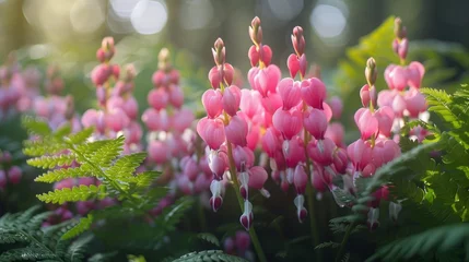 Deurstickers Pink bleeding heart flowers as groundcover in a garden © yuchen
