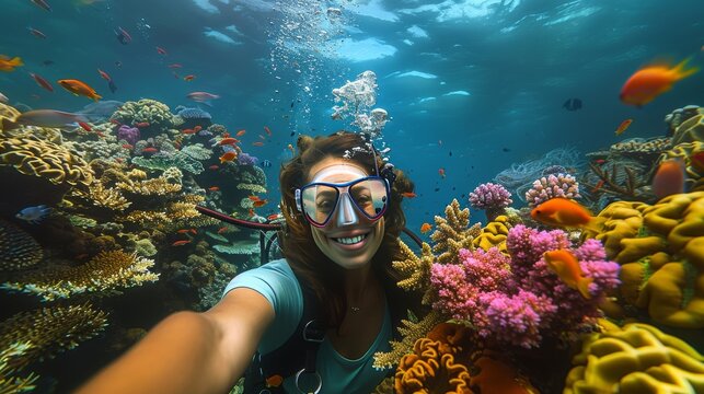 A woman is underwater with a camera, smiling and taking a picture