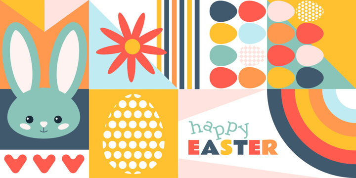 Happy Easter flat vector illustration in geometric minimalist style. Abstract spring holiday background with easter bunny, eggs and flowers