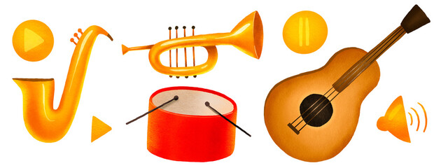 Set of musical instruments gitaba saxophone trumpet drum. Musical accessories. Isolated hand drawn illustration