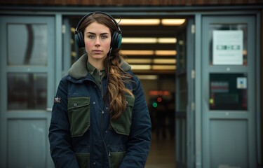 Fototapeta premium A woman wearing a blue and green jacket stands in front of a door