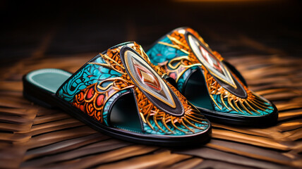  Vibrant male slippers showcased against a sleek e-commerce backdrop, accentuating their intricate designs and comfort appeal. - obrazy, fototapety, plakaty