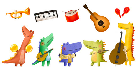 Cute illustration with dinosaurs. Dinosaurs Rock stars and musical instruments. Orchestra. Cartoon characters. Hand drawn children's illustration on isolated background © Ilona