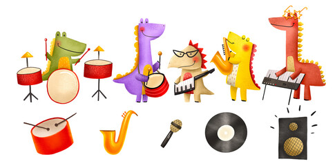 Cute illustration with dinosaurs. Rock musicians and musical instruments. Artists. Cartoon characters. Hand drawn children's illustration on isolated background © Ilona