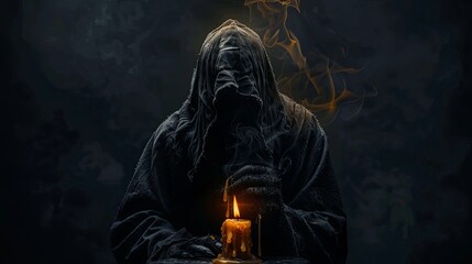 Grim reaper reaching towards the camera over dark background with copy space. Scary grim reaper standing behind a melting and burning candle doing dark ceremony on haunting, Halloween event - obrazy, fototapety, plakaty