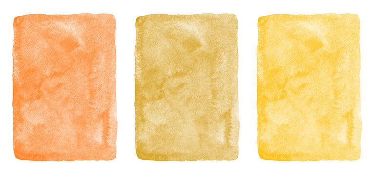 Orange, ochre, mustard yellow watercolor background set, collection. Hand drawn watercolour textures with aquarelle stains. Painted rectangle isolated vertical textured templates. Artistic uneven edge