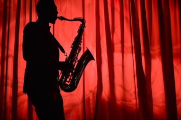 saxophonist silhouette against red curtain - 767103899