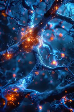 Cerebellum balancing movement, neurons lit up, twilight tone, high detail, underside view