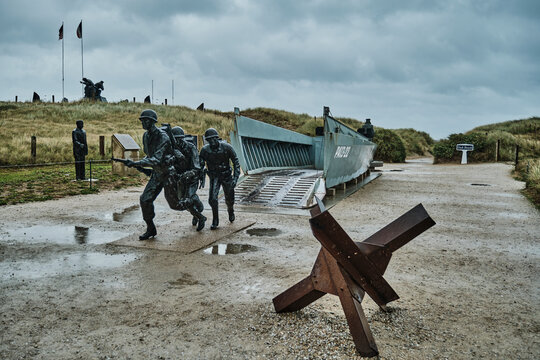 Higgins Boat landing ferry Memorial Monument at Utah Beach, the place where allied forces landed on the beach of the Normandy to fight back the Nazis in WWII.