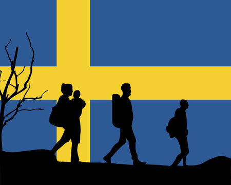 Immigration and refugees front of Sweden flag, immigrant and refugee concept