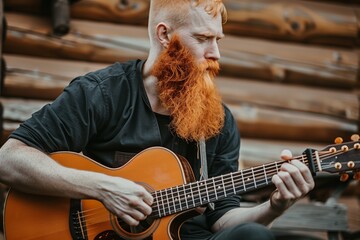 man with orange beard playing acoustic guitar