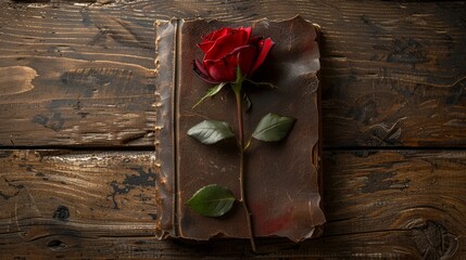 Elegant Red Rose on Old Leather-Bound Diary

