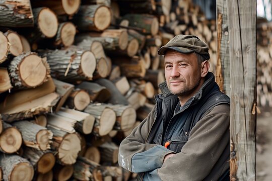 portrait of a worker leaning against a massive woodpile