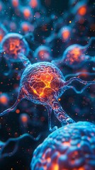 Liver cells detoxifying substances, vibrant activity highlight, microscopic level, inner glow - obrazy, fototapety, plakaty